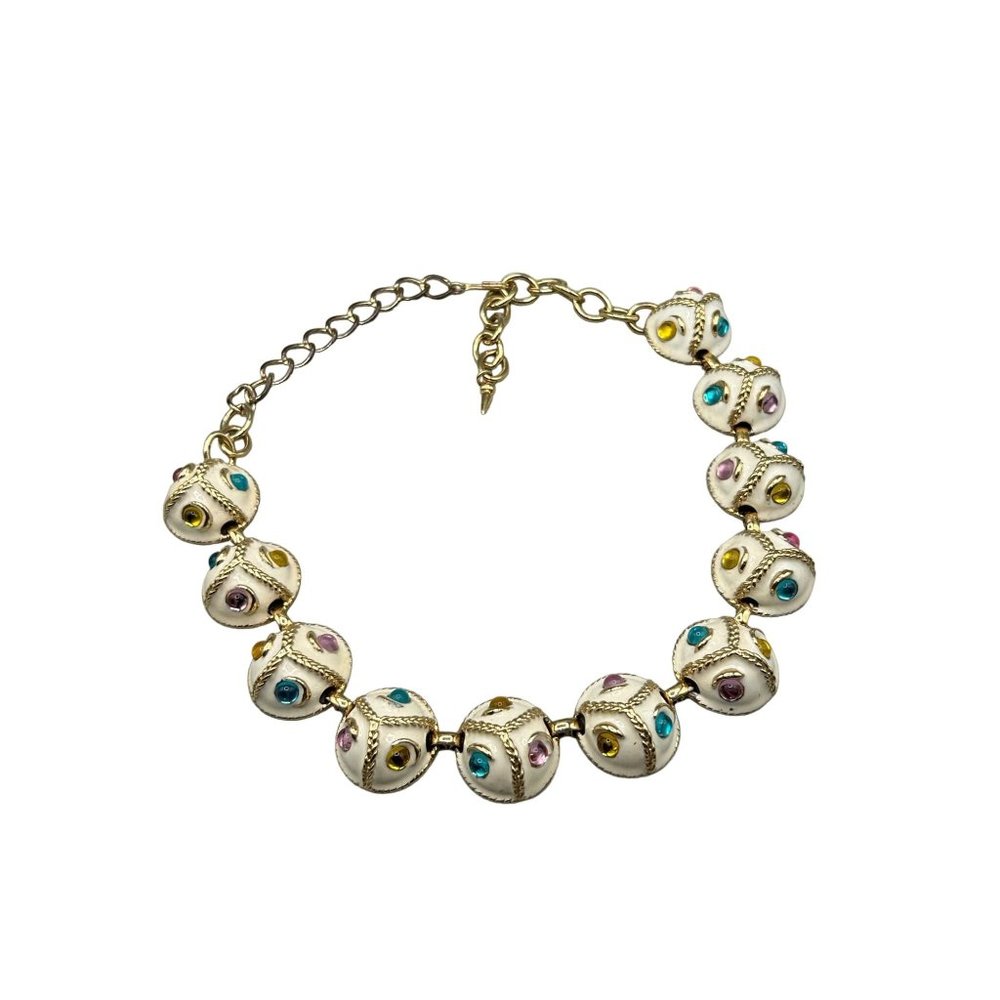 Vintage Jeweled Choker Necklace Cream Enamel Pastel Colors Cabochons Domed Links